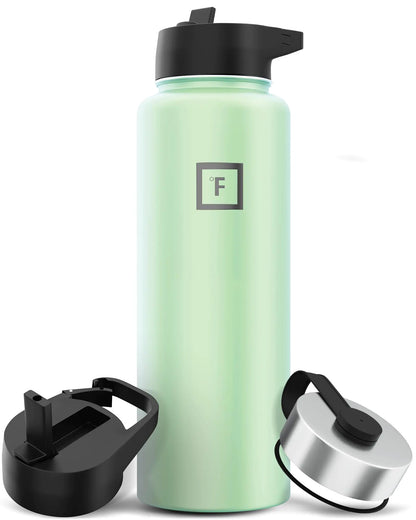 IRON °FLASK Camping &amp; Hiking Hydration Flask with 3 Lids - Stainless Steel Double Walled &amp; Vacuum Insulated Water Bottle - Leak Proof &amp; BPA Free (Mint Straw - 40 oz)