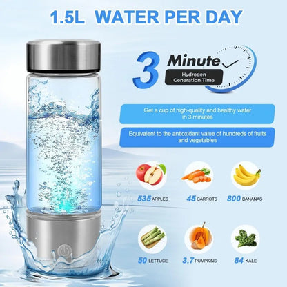Hydrogen Water Bottle Generator – 14 oz | SPE/PEM Technology | Rechargeable