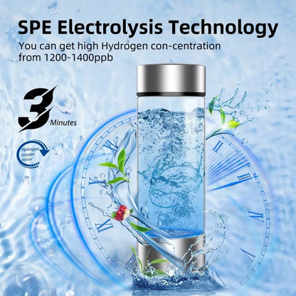 Hydrogen Water Bottle Generator – 14 oz | SPE/PEM Technology | Rechargeable